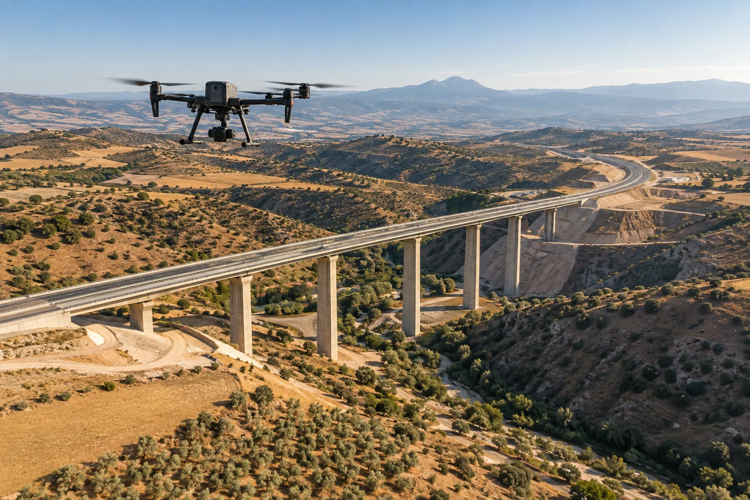 Imagen ilustrativa de un dron de medición sobre una infraestructura viaria