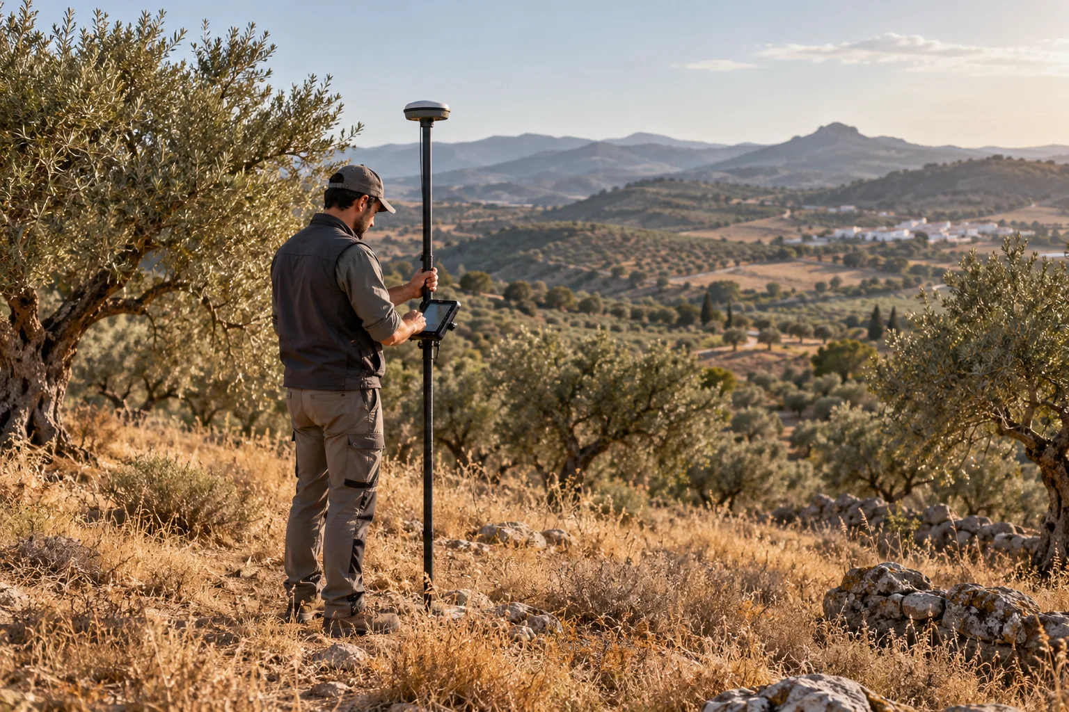 Imagen ilustrativa: Medición de terreno con GNSS en un paisaje andaluz